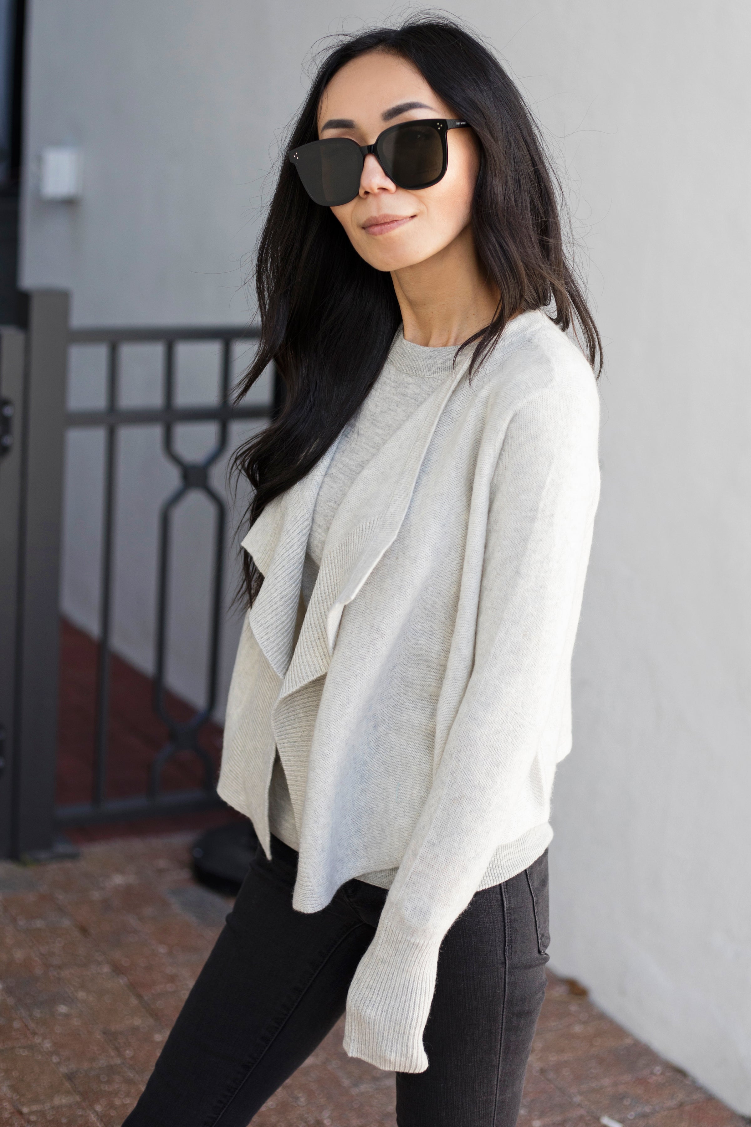 Cami Draped Cashmere Cardigan in White Grey | Pine Cashmere