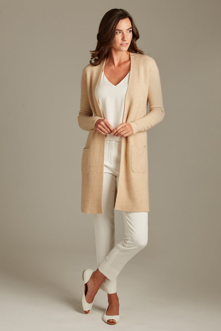 pine cashmere morgan women's 100% pure organic cashmere cardigan sweater in tan beige