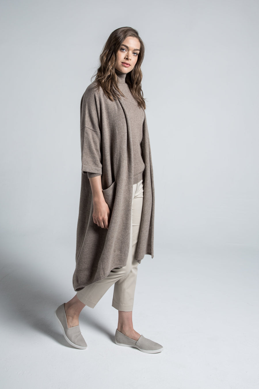 pine cashmere celine women's loose fit 100% pure organic cashmere cardigan coat in brown