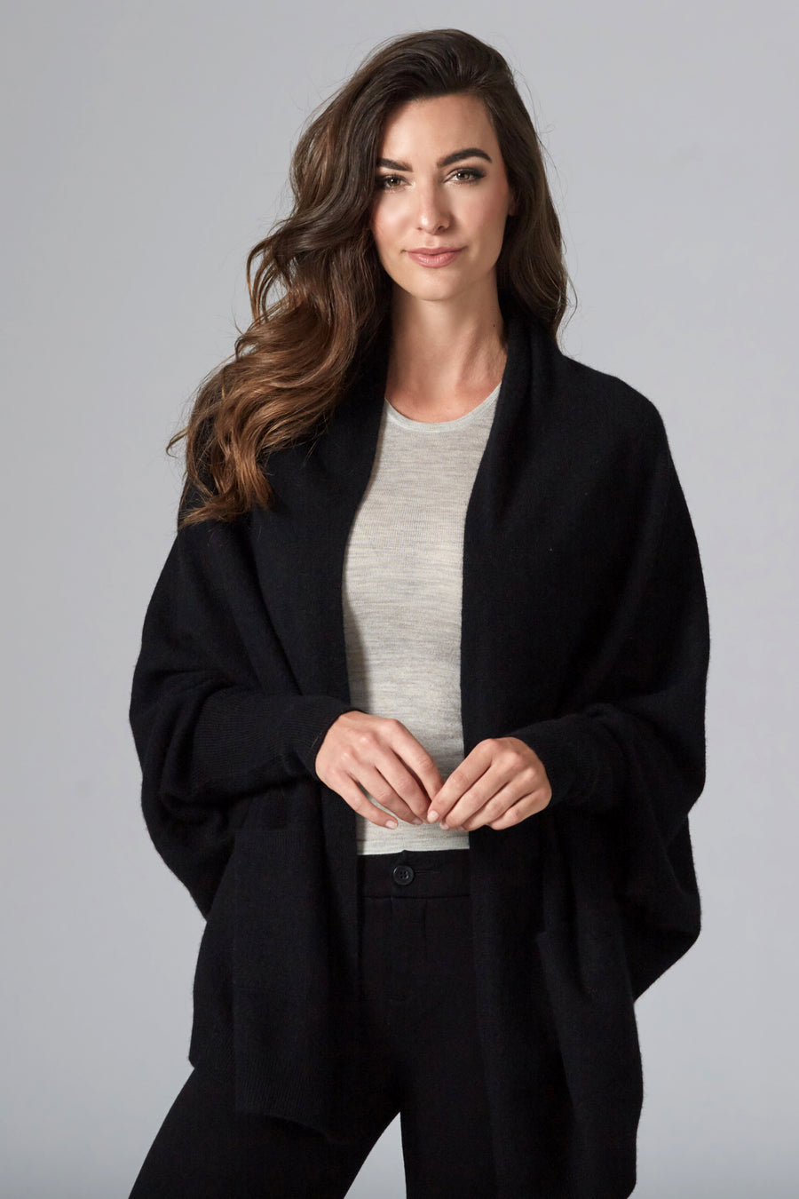 pine cashmere women's audrey multi wear 100% pure cashmere cardigan wrap black color