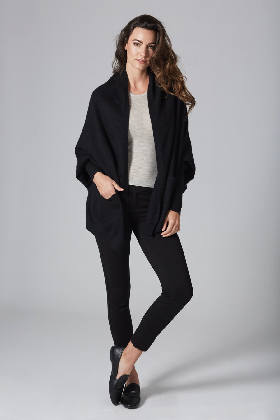 pine cashmere women's audrey multi wear 100% pure cashmere cardigan wrap black color
