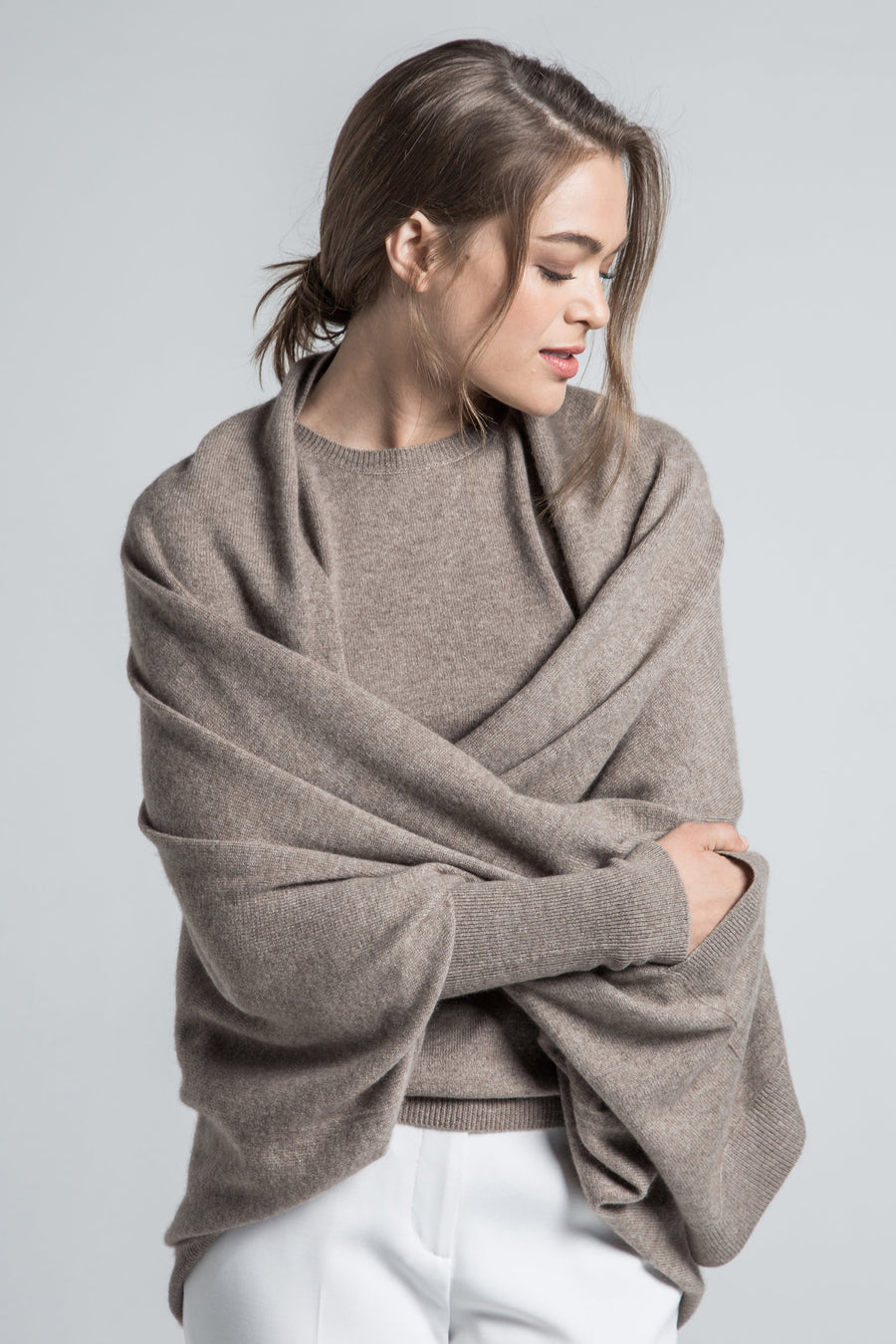 pine cashmere softest multi-wear audrey organic brown cashmere cardigan wrap 100% mongolian cashmere
