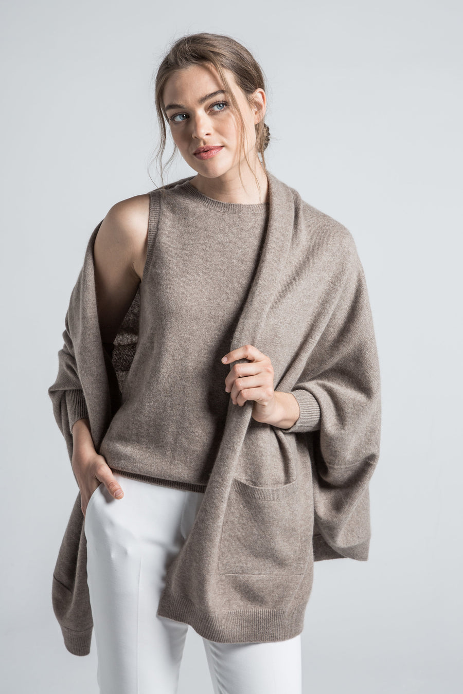 pine cashmere trendy multi-wear audrey organic brown cashmere cardigan wrap 100% mongolian cashmere