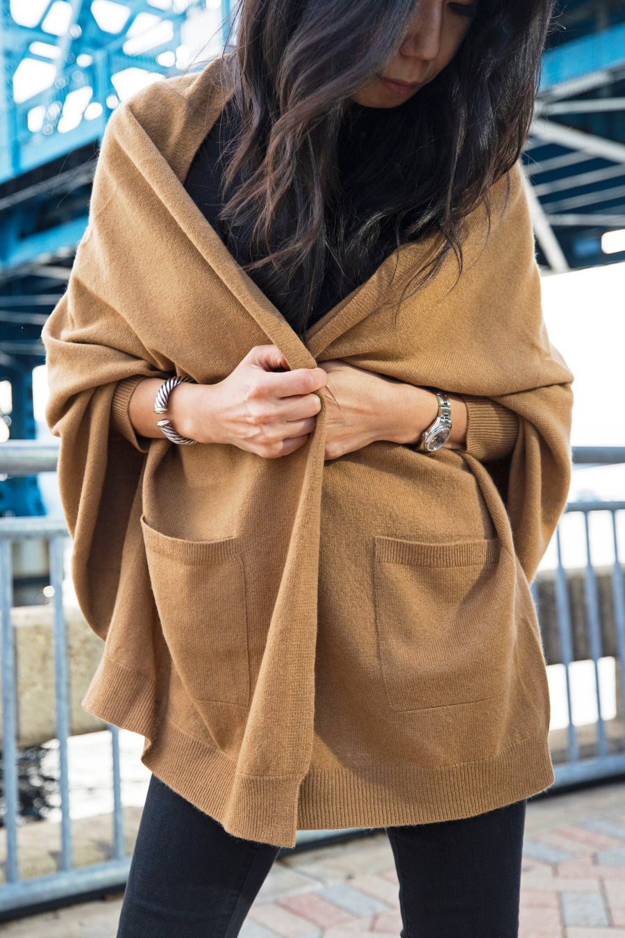 pine cashmere women's audrey multi wear 100% pure cashmere cardigan wrap camel color