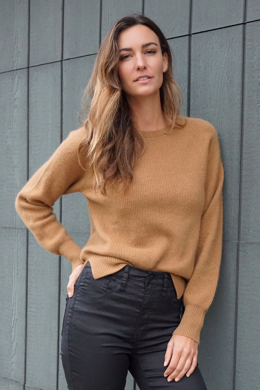 pine cashmere betsy trendy women's 100% pure cashmere crewneck sweater in camel