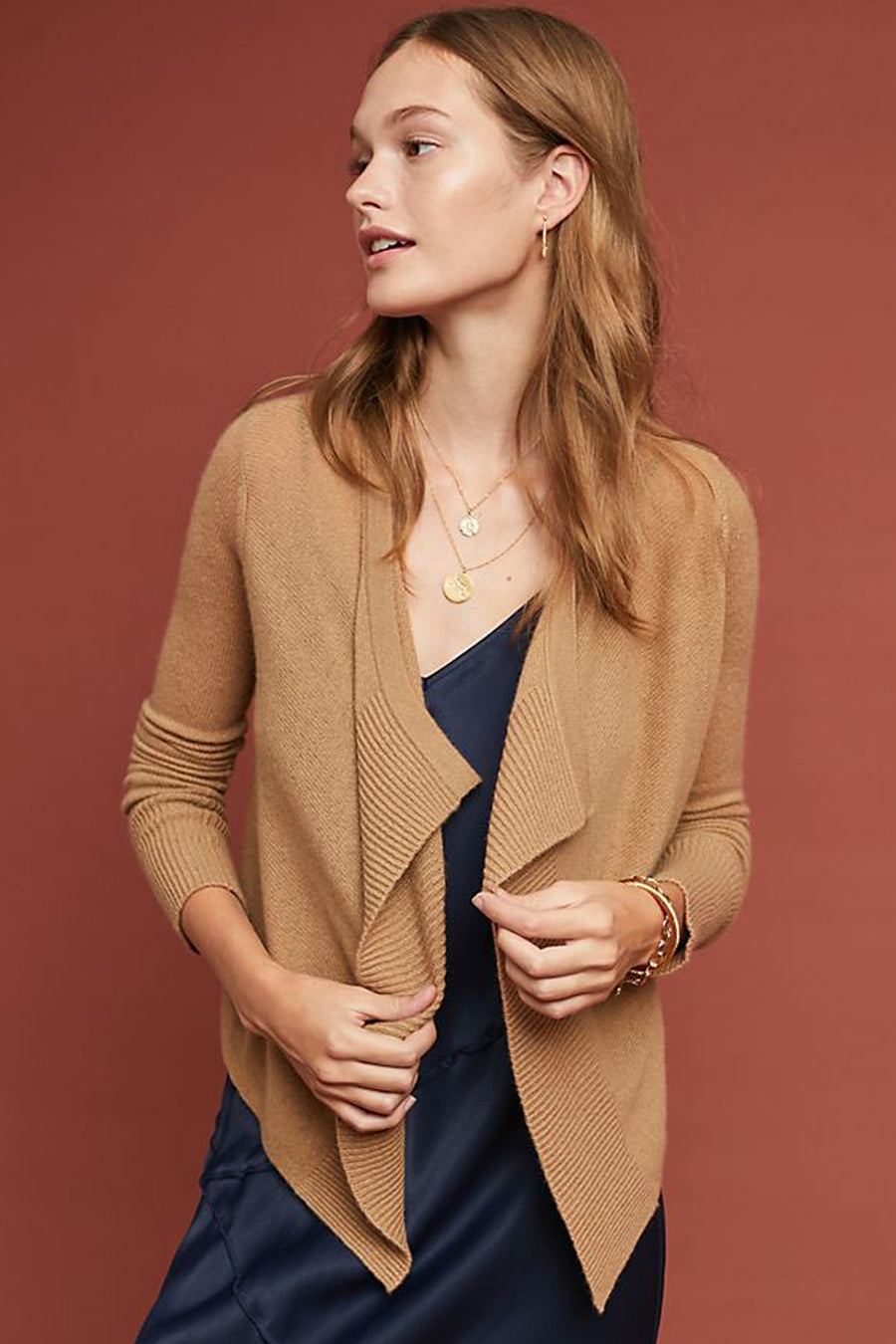 pine cashmere cami women's 100% pure cashmere open draped cardigan in camel