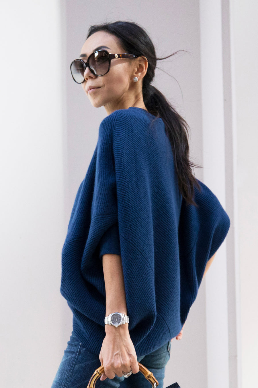 pine cashmere women's cara crewneck 100% pure cashmere poncho sweater in blue