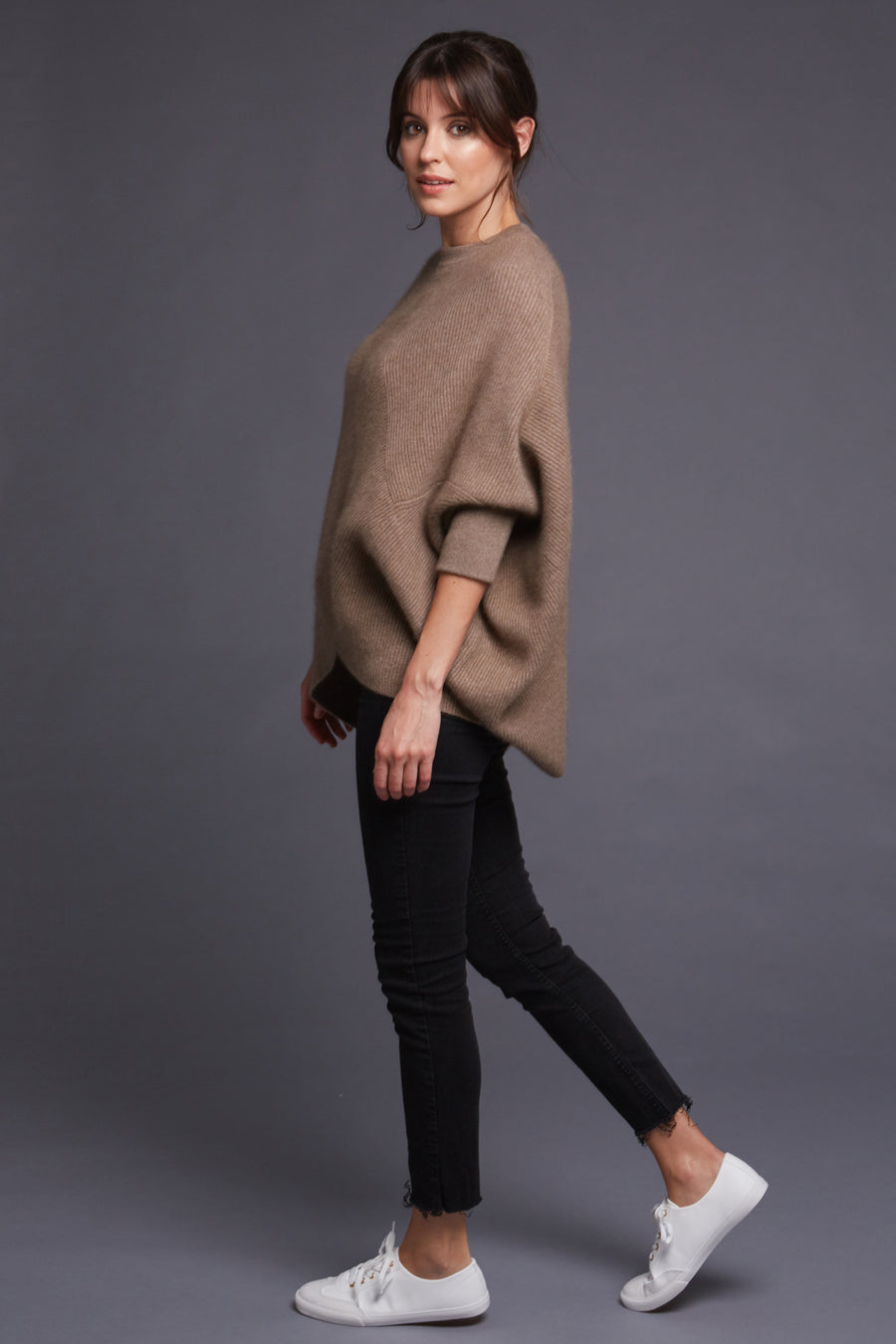 pine cashmere women's cara crewneck 100% pure organic cashmere poncho sweater in brown