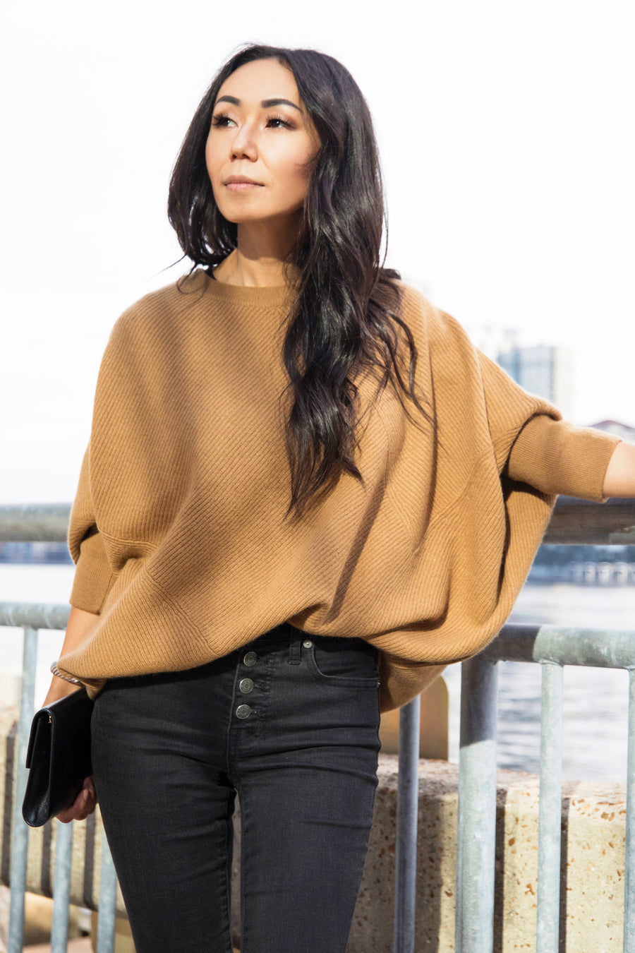 pine cashmere women's cara crewneck 100% pure cashmere poncho sweater in camel