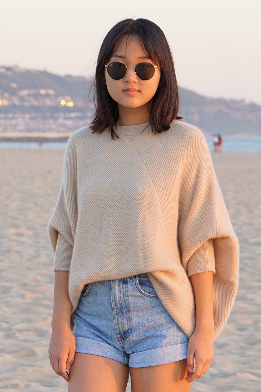 pine cashmere women's cara crewneck 100% pure organic cashmere poncho sweater in tan