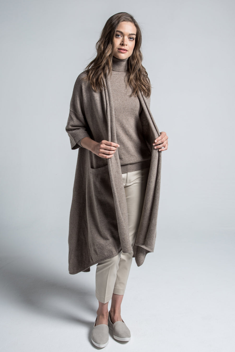 pine cashmere celine women's loose fit 100% pure organic cashmere cardigan coat in brown