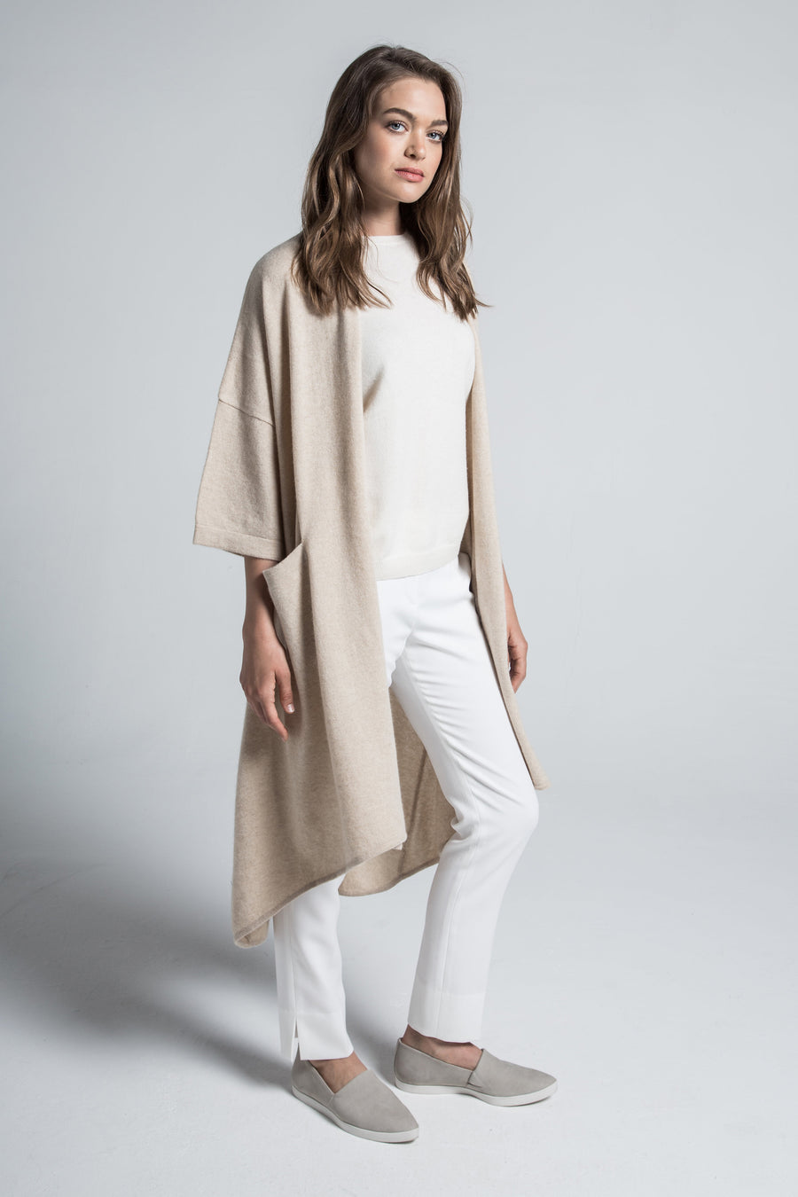 pine cashmere celine women's loose fit 100% pure organic cashmere cardigan coat in tan beige
