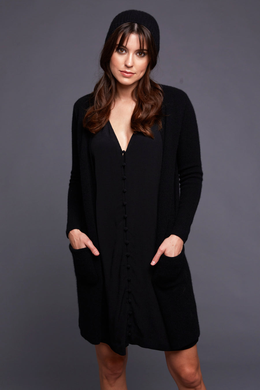 pine cashmere morgan women's 100% pure cashmere cardigan sweater in black