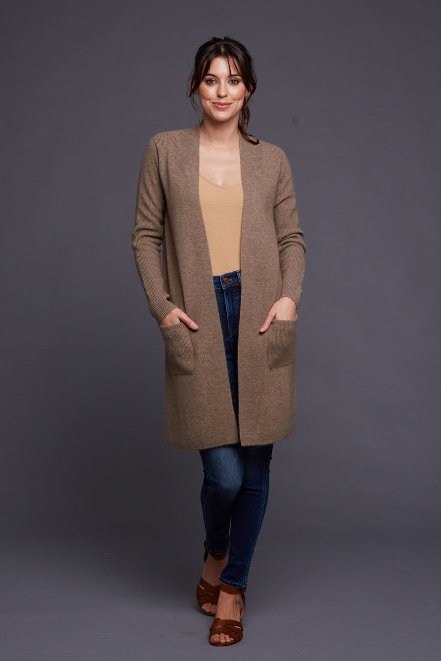 pine cashmere morgan women's 100% pure organic cashmere cardigan sweater in brown