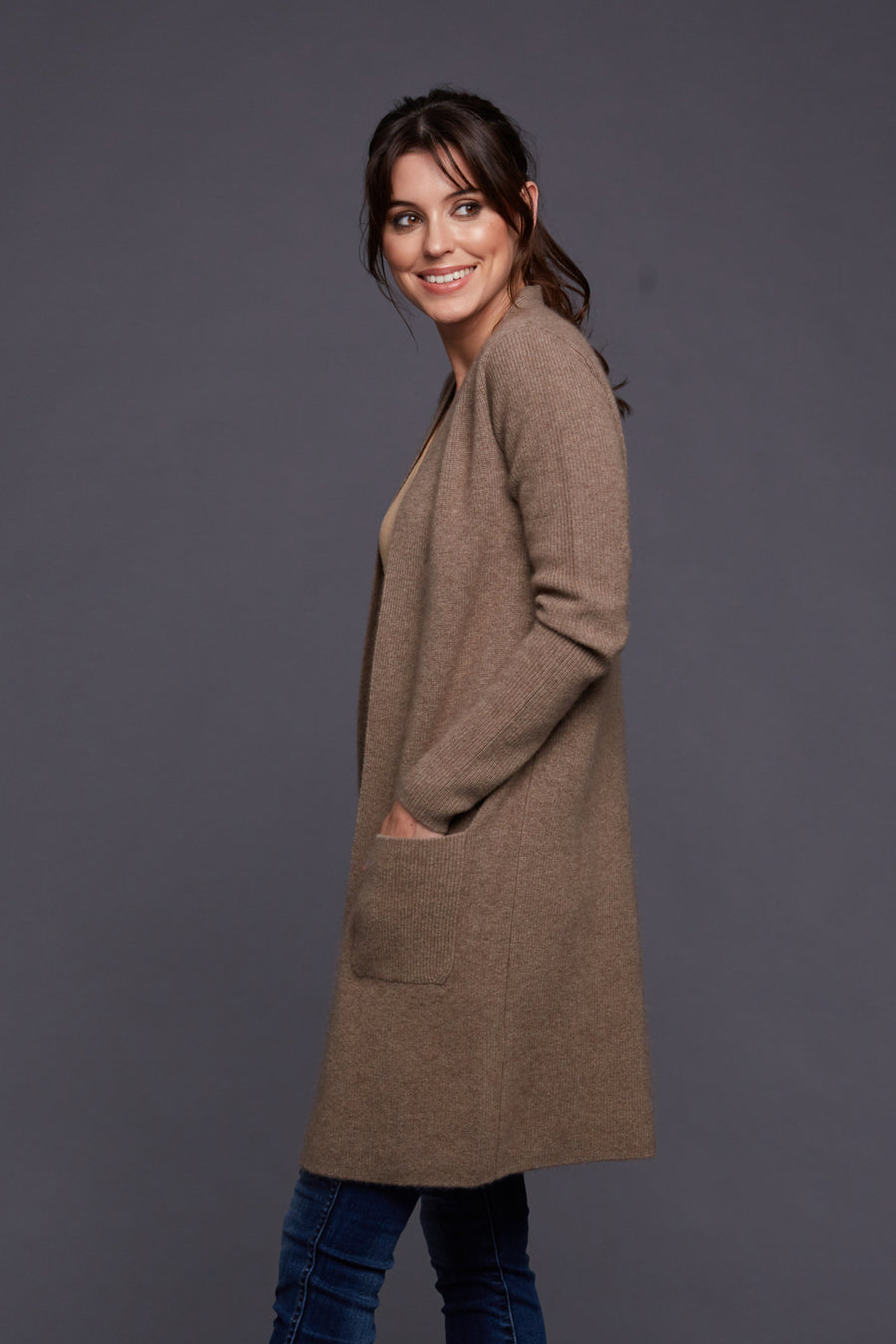 pine cashmere morgan women's 100% pure organic cashmere cardigan sweater in brown