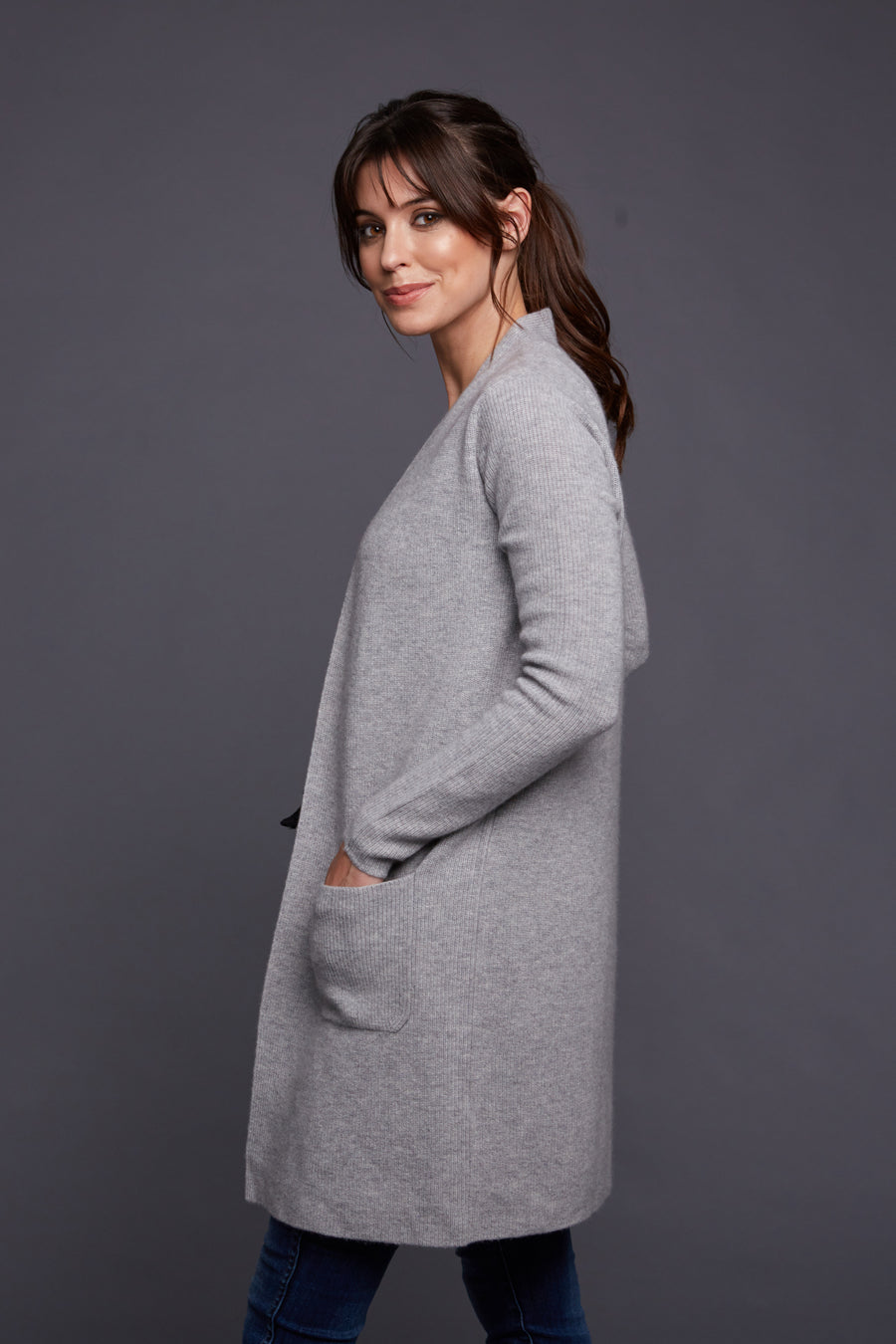 pine cashmere morgan women's 100% pure cashmere cardigan sweater in grey