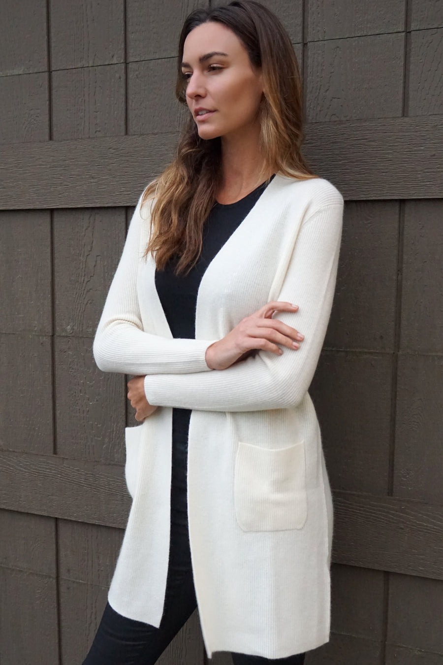 pine cashmere morgan women's 100% pure organic cashmere cardigan sweater in white