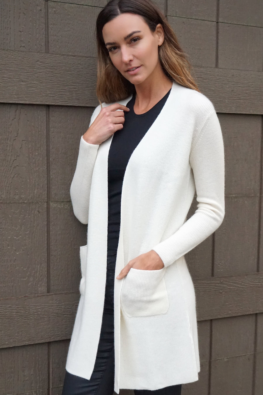 pine cashmere morgan women's 100% pure organic cashmere cardigan sweater in white