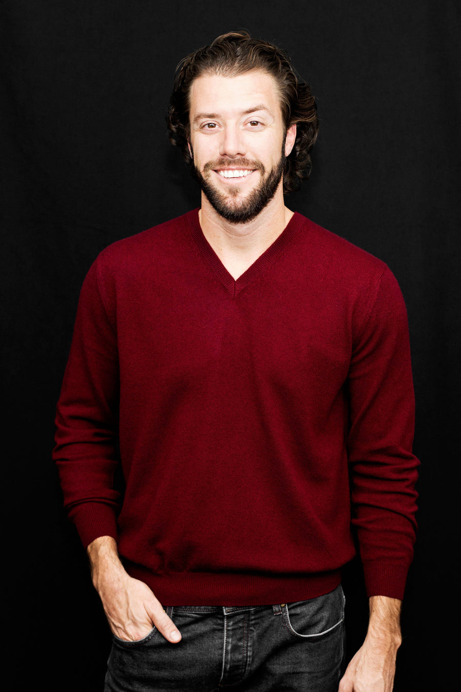 pine cashmere mens classic 100% pure cashmere v neck sweater in red