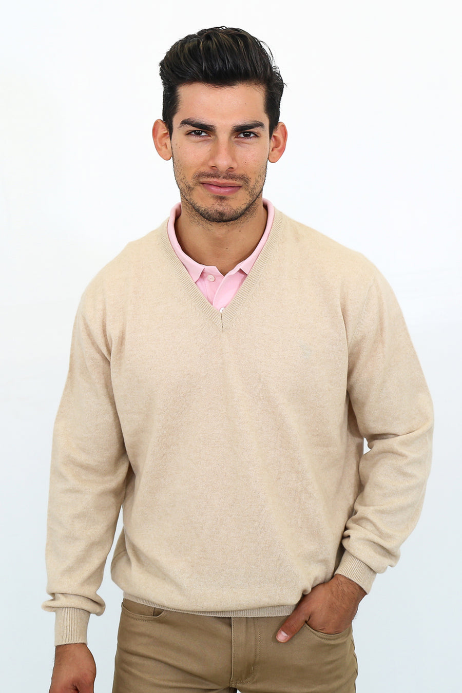 pine cashmere mens classic 100% pure organic cashmere v neck sweater in tan