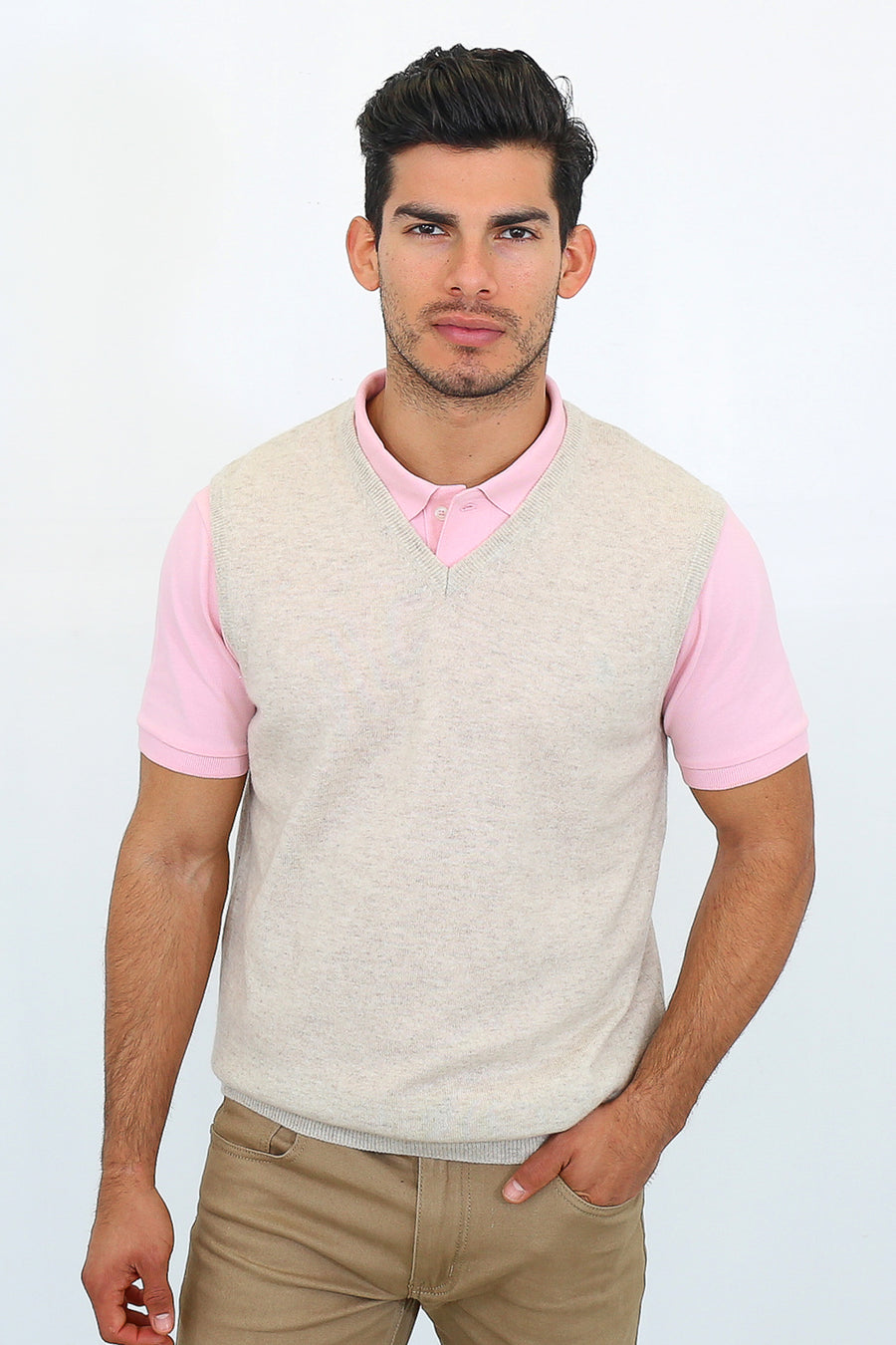 pine cashmere mens 100% pure organic cashmere v neck vest in beige color. Made with Mongolian sustainable cashmere. Classic relaxed fit.