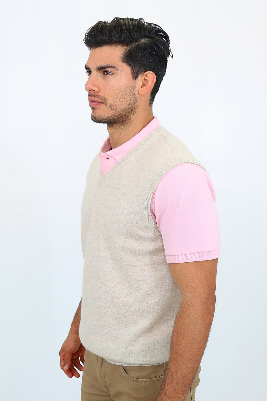 pine cashmere mens 100% pure organic cashmere v neck vest in beige color. Made with Mongolian sustainable cashmere. Classic relaxed fit.