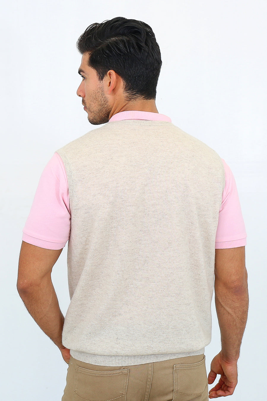 pine cashmere mens 100% pure organic cashmere v neck vest in beige color. Made with Mongolian sustainable cashmere. Classic relaxed fit.