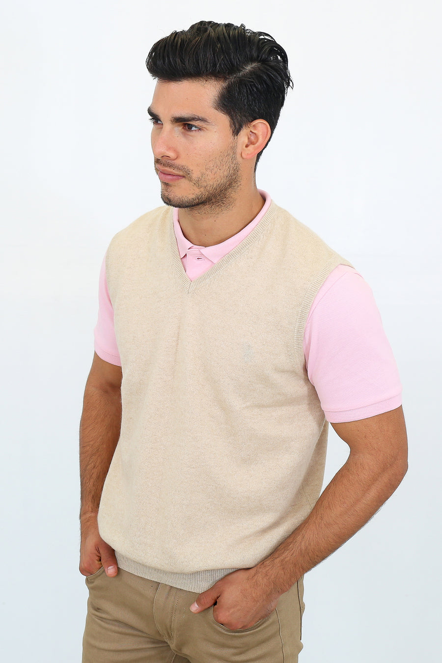 pine cashmere mens 100% pure organic cashmere v neck vest in tan color.