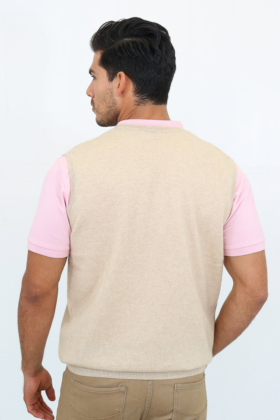 pine cashmere mens 100% pure organic cashmere v neck vest in tan color.