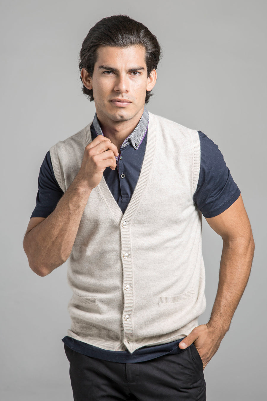 pine cashmere mens classic 100% pure organic cashmere v-neck cardigan vest in beige
