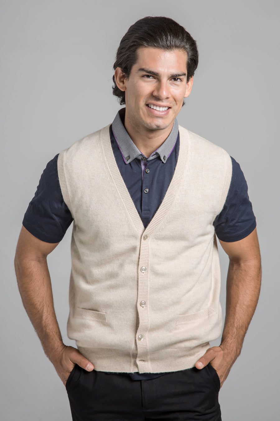 pine cashmere mens classic 100% pure organic cashmere v-neck cardigan vest in beige