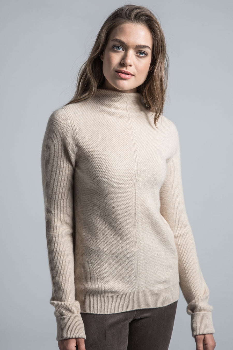 pine cashmere women's leah high mock neck 100% pure organic cashmere sweater in tan