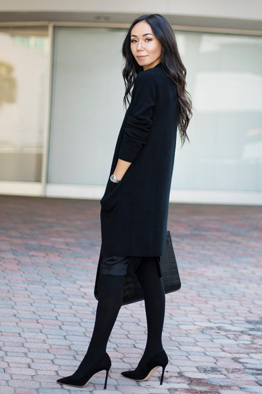 pine cashmere morgan women's 100% pure cashmere cardigan sweater in black