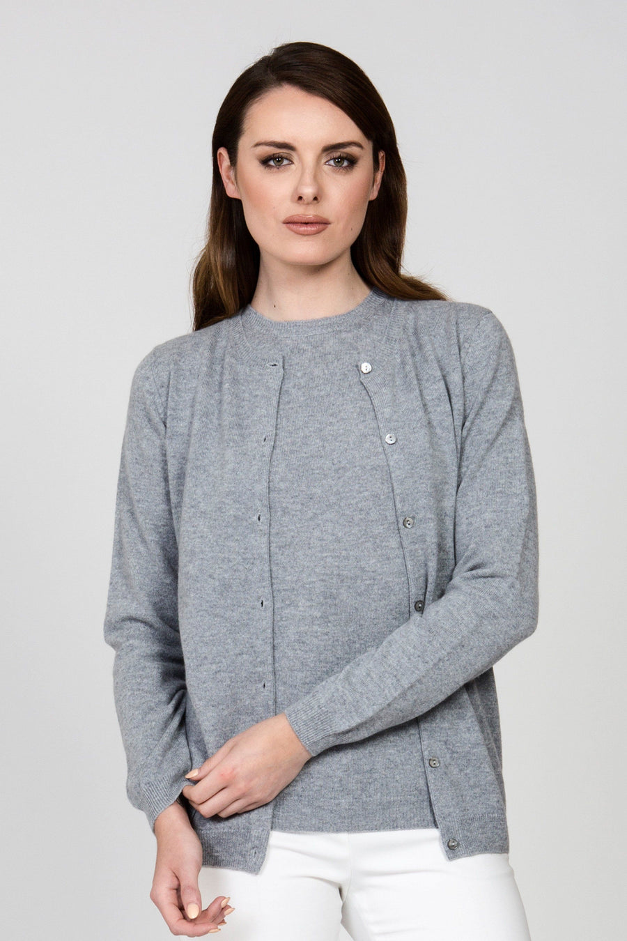 Milan Cashmere Crewneck Cardigan - Grey