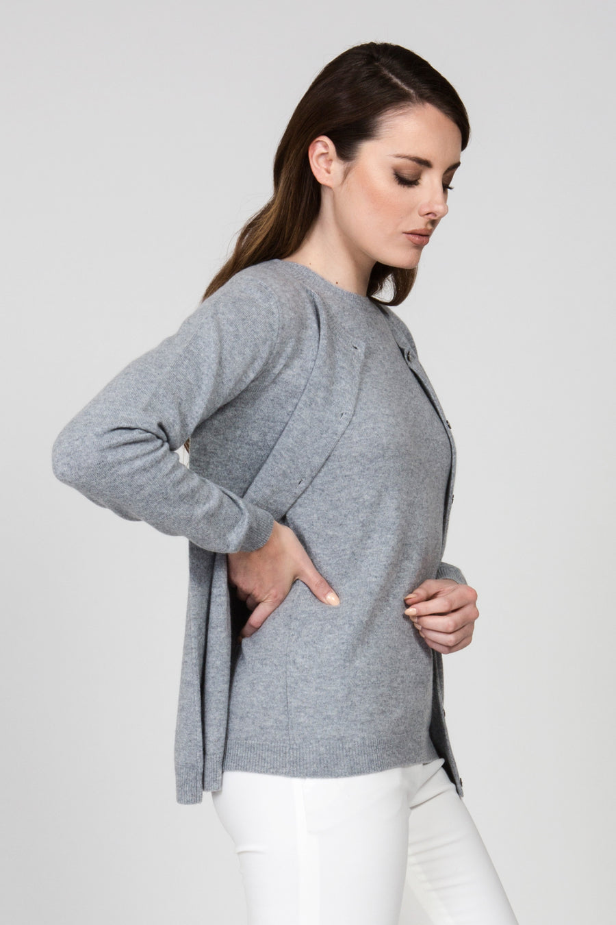 Milan Cashmere Crewneck Cardigan - Grey