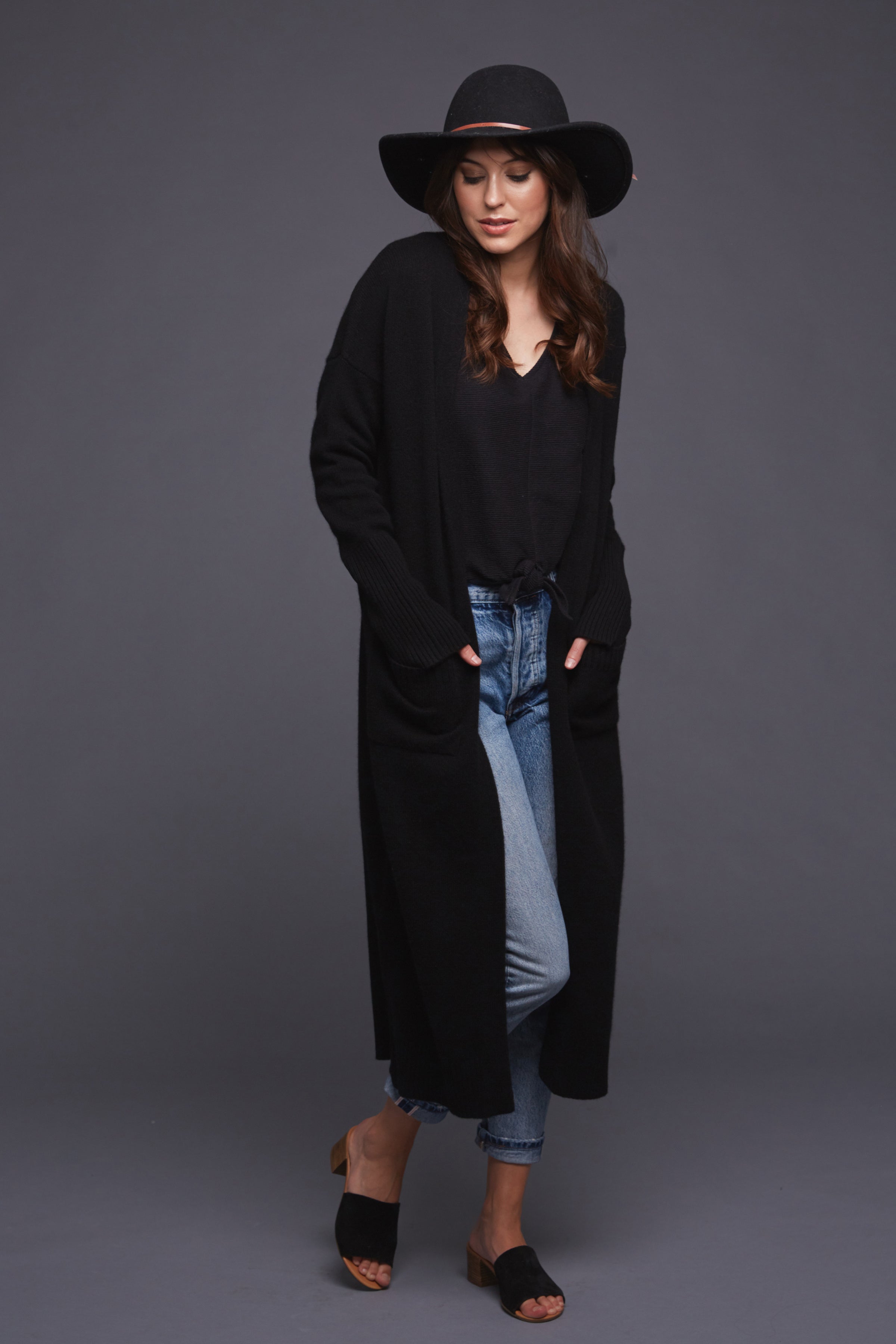 Pine Cashmere Long Cardigan Coat Black