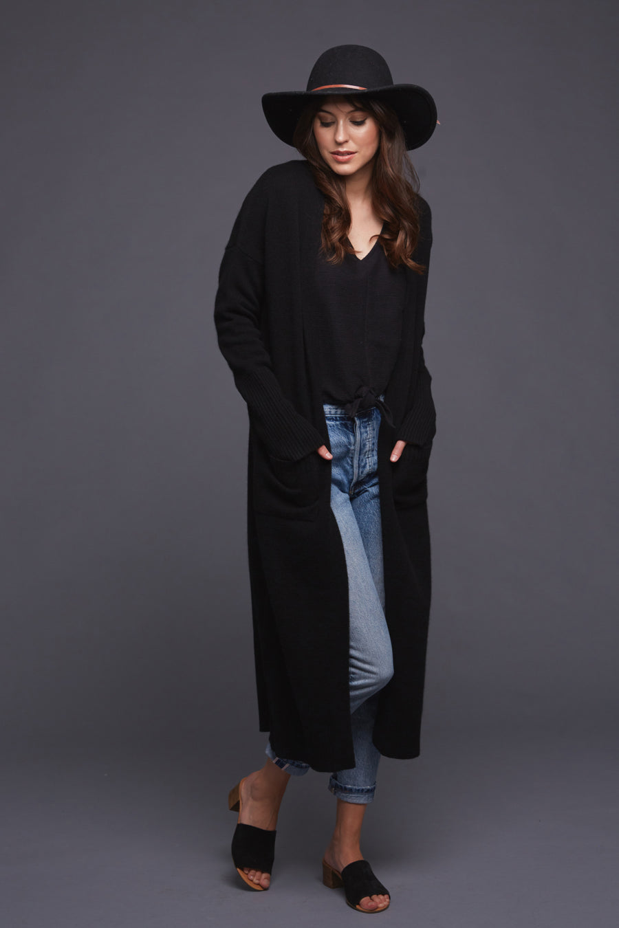 pine cashmere stella women's cashmere wool blend long cardigan coat duster in black