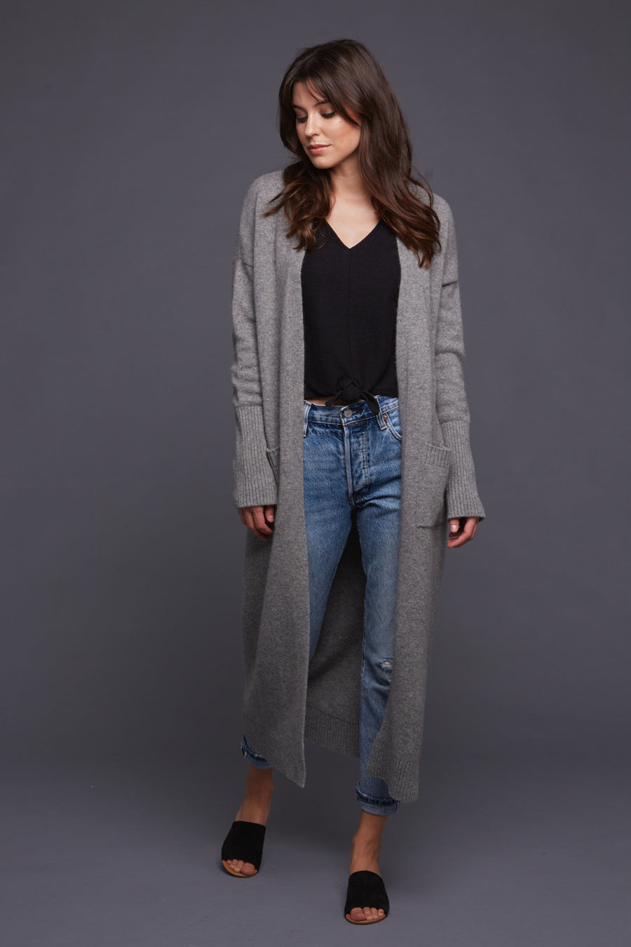 pine cashmere stella women's cashmere wool blend long cardigan coat duster in medium grey