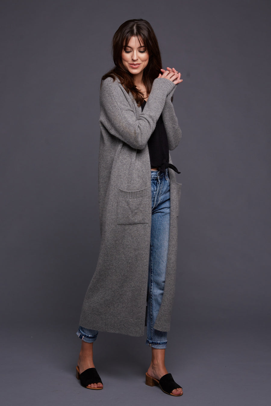 pine cashmere stella women's cashmere wool blend long cardigan coat duster in medium grey