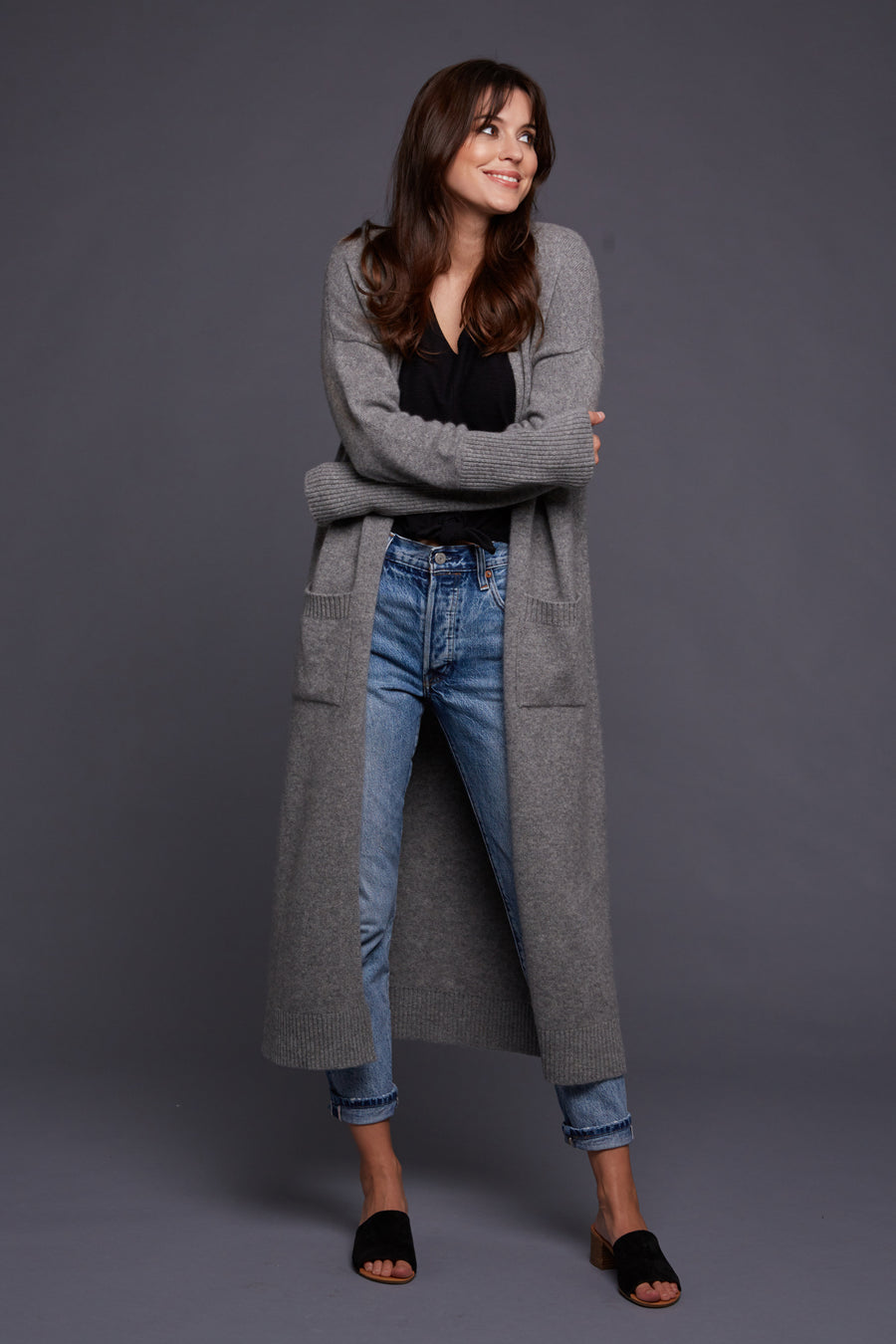 pine cashmere stella women's cashmere wool blend long cardigan coat duster in medium grey