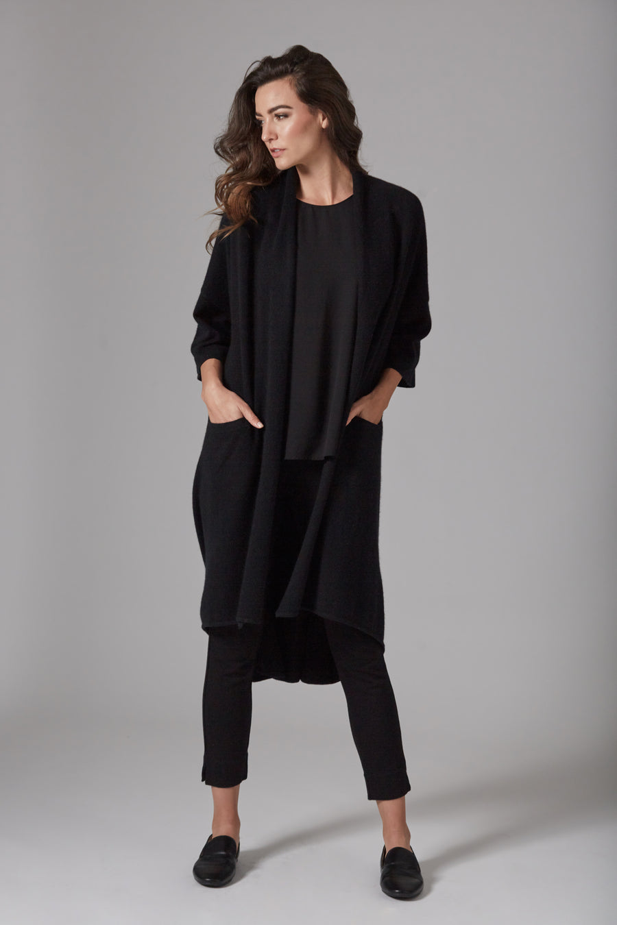 pine cashmere celine women's loose fit 100% pure cashmere cardigan coat in black