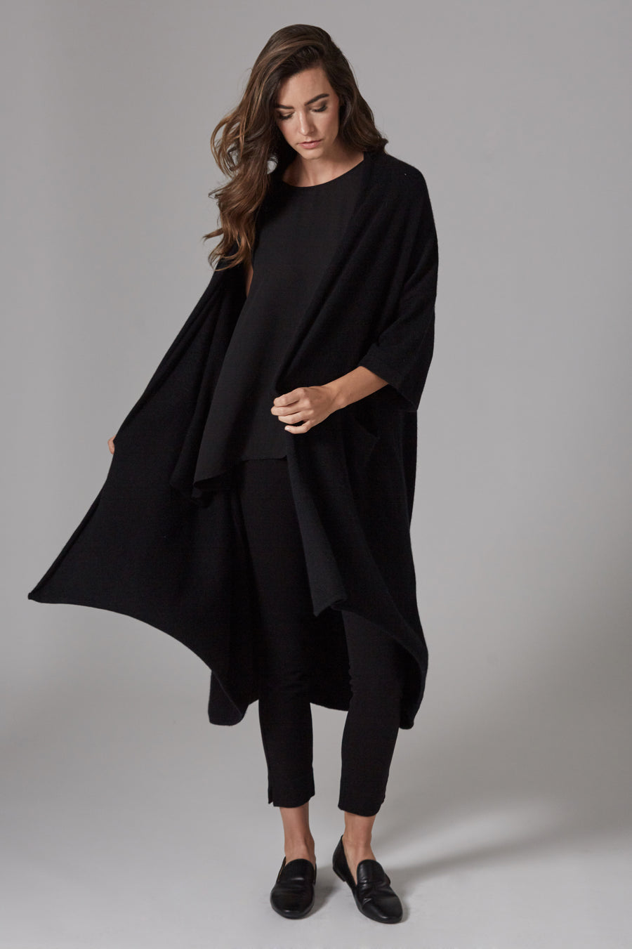 pine cashmere celine women's loose fit 100% pure cashmere cardigan coat in black